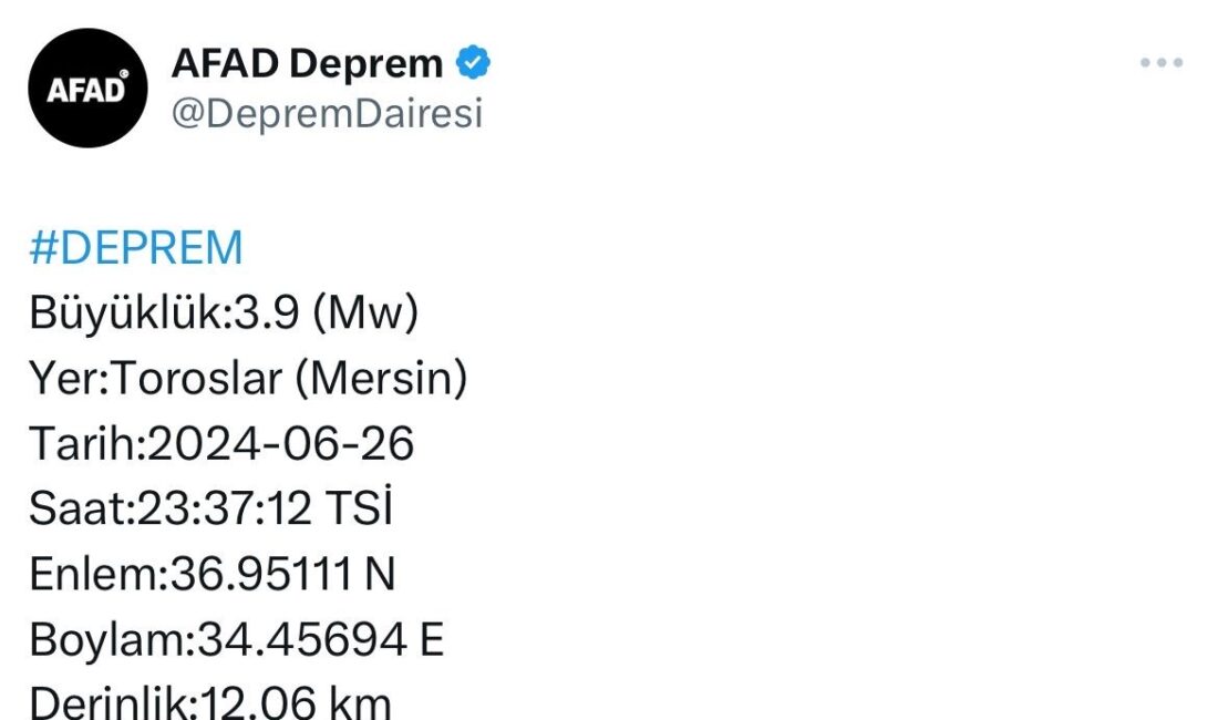 Mersin’de 3,9 büyüklüğünde meydana