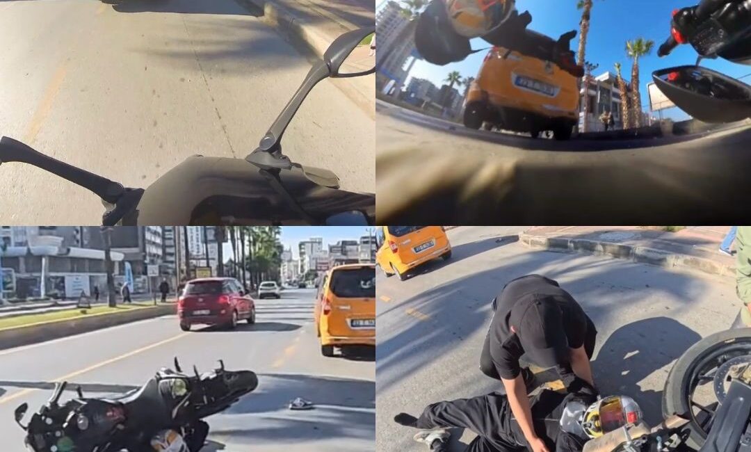 Mersin‘de emniyet şeridine giren taksiye arkadan çarpan motosiklet sürücüsü, kaskı