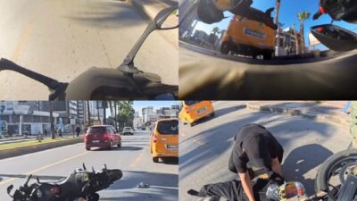 Mersin‘de emniyet şeridine giren taksiye arkadan çarpan motosiklet sürücüsü, kaskı