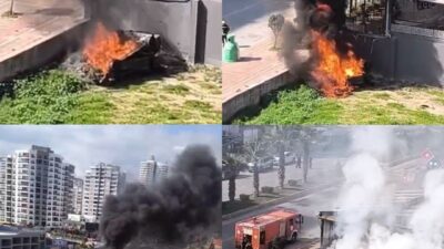 Mersin’de kontrolden çıkarak iş yerinin duvarına çarpan otomobil alev aldı,