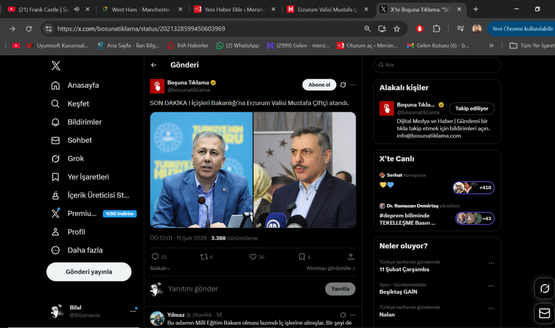Erzurum Valisi Mustafa Çiftçi, Ali Yerlikaya’nın yerine İçişleri Bakanı olarak