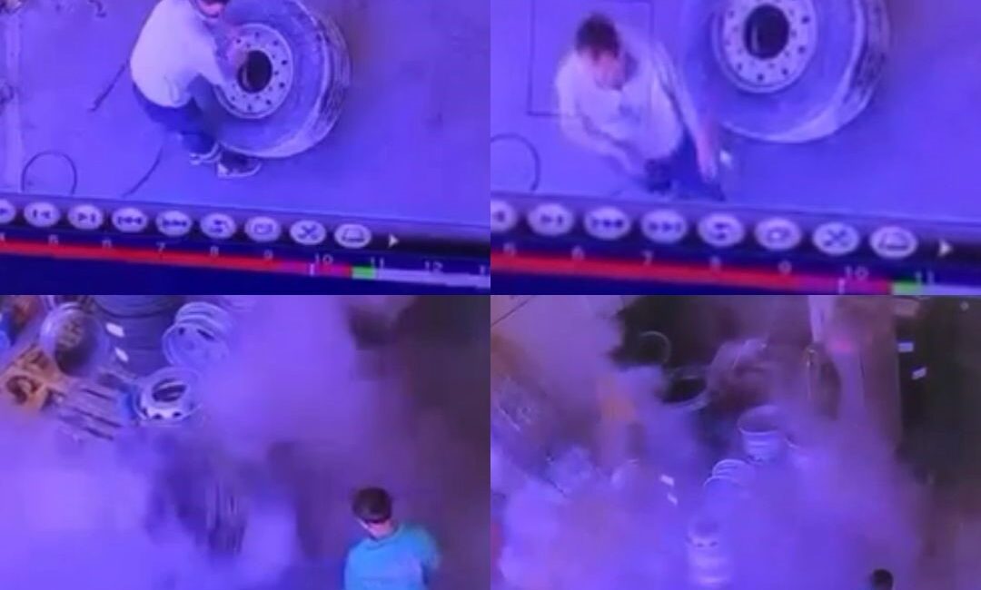 Mersin’de oto lastik tamirhanesinde şişirildiği sırada kamyon lastiği adeta bomba