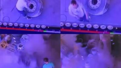 Mersin’de oto lastik tamirhanesinde şişirildiği sırada kamyon lastiği adeta bomba