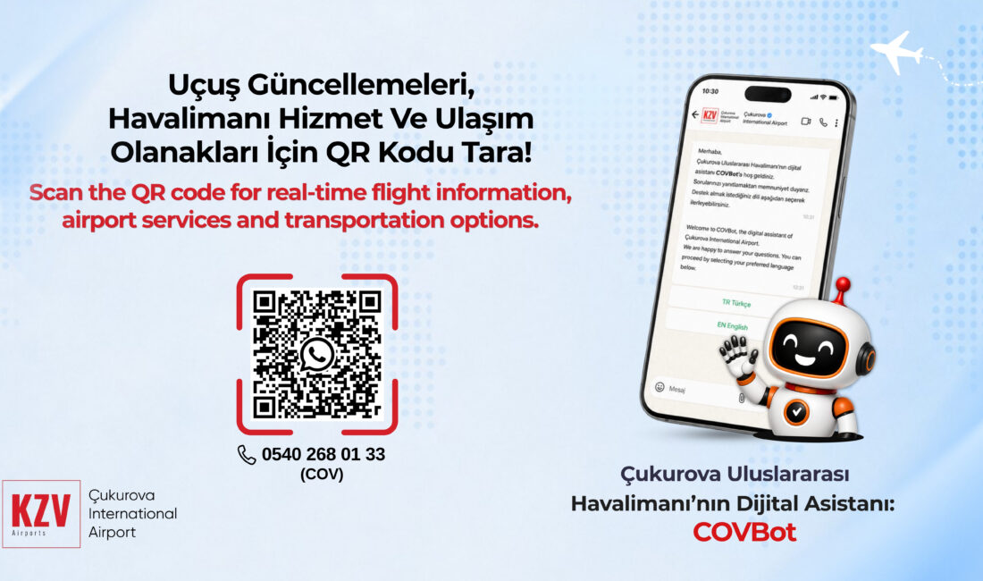 Çukurova Uluslararası Havalimanı’nda COVBot Hizmete Girdi Çukurova Uluslararası Havalimanı, yolcuların ihtiyaç duydukları bilgilere hızlı ve kolay
