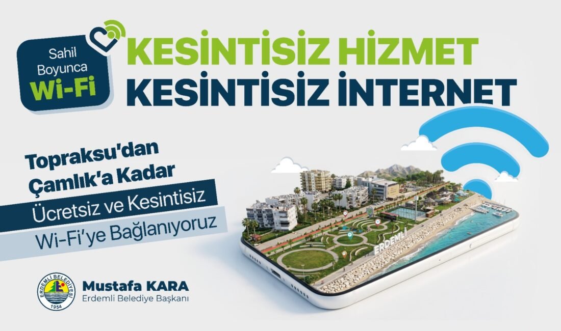 Erdemli sahilinde dijital dönem; kesintisiz ve ücretsiz internet dönemi başladı Erdemli Belediyesi, sahil şeridinde dijital altyapı hamlesini hayata geçirdi. Topraksu